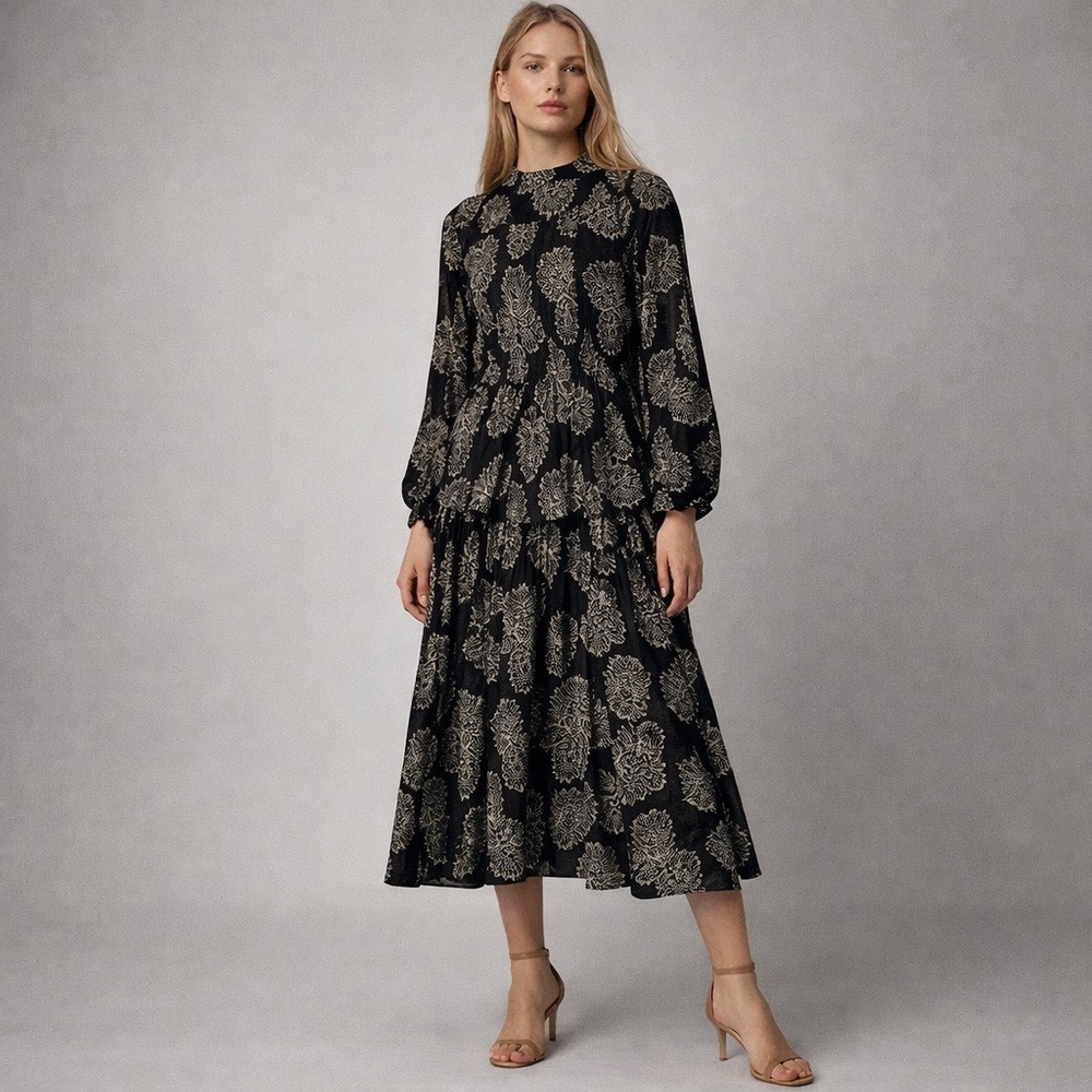 Paper Parachute Black Botanical Print Smocked Midi Dress XS praire Sleeve Boho